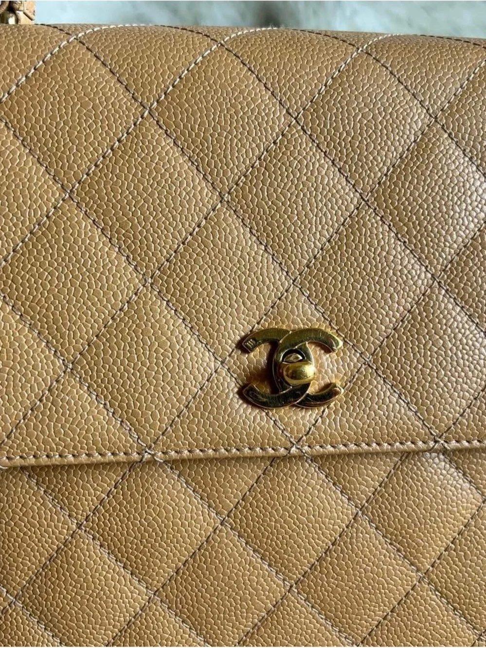 CHANEL Kelly Top Handle Bag Camel Caviar Leather